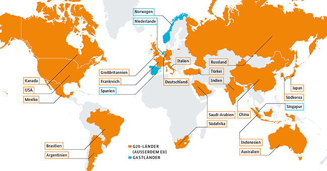 Die G20-Länder sind auf der Welt-Karte in der Farbe orange eingezeichnet.