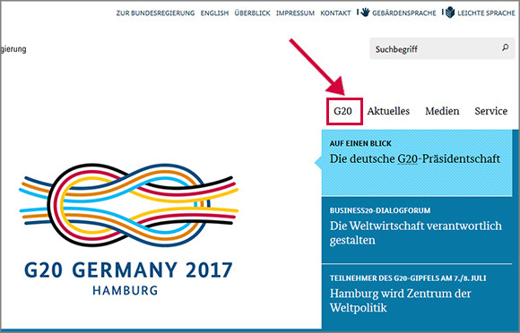 Die Schaltfläche zum Haupt-Thema G20 ist rot umrandet.
