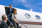 Argentine President Mauricio Macri and his wife Juliana Awada arrive at the Hamburg Airport.