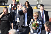 The President of the European Commission, Jean-Claude Juncker, and his wife Christiane Friesing arrive at the Hamburg Airport.