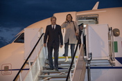 Italian Prime Minister Paolo Gentiloni and his wife Emanuela arrive at Hamburg Airport. 