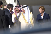 Ibrahim Abdulaziz Al-Assaf, State Minister of Saudi Arabia, is welcomed as he arrives at the Hamburg Airport.