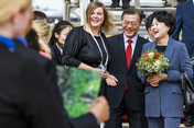 Arrival of Korean President Moon Jae-in and his wife Kim Jung-sook at the Hamburg Airport.