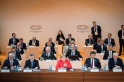 First working meeting of the G20 leaders and other participants on "Global growth and trade" led by Federal Chancellor Angela Merkel.