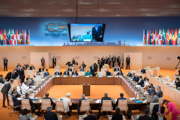 View of the conference room before the start of the third working meeting of the G20 summit on the Africa Partnership, migration and health.