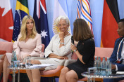 Ivanka Trump, the US President's daughter, Christine Lagarde, Managing Director of the IMF, and Chrystia Freeland, Canada's Foreign Minister, during the panel discussion at the launch event for the Women's Entrepreneurship Facility.