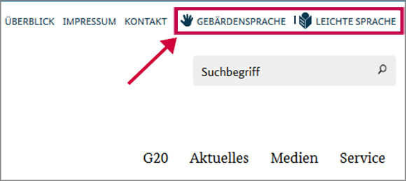 Eine rote Umrandung zeigt: Hier geht es zu den Bereichen Leichte Sprache und Gebärdensprache.