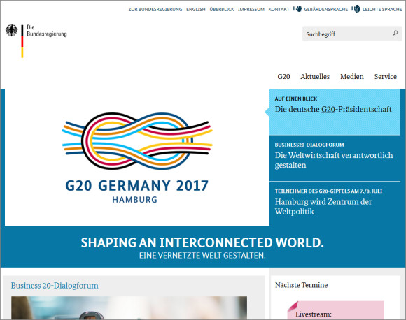 Start-Seite der Internet-Seite zur G20