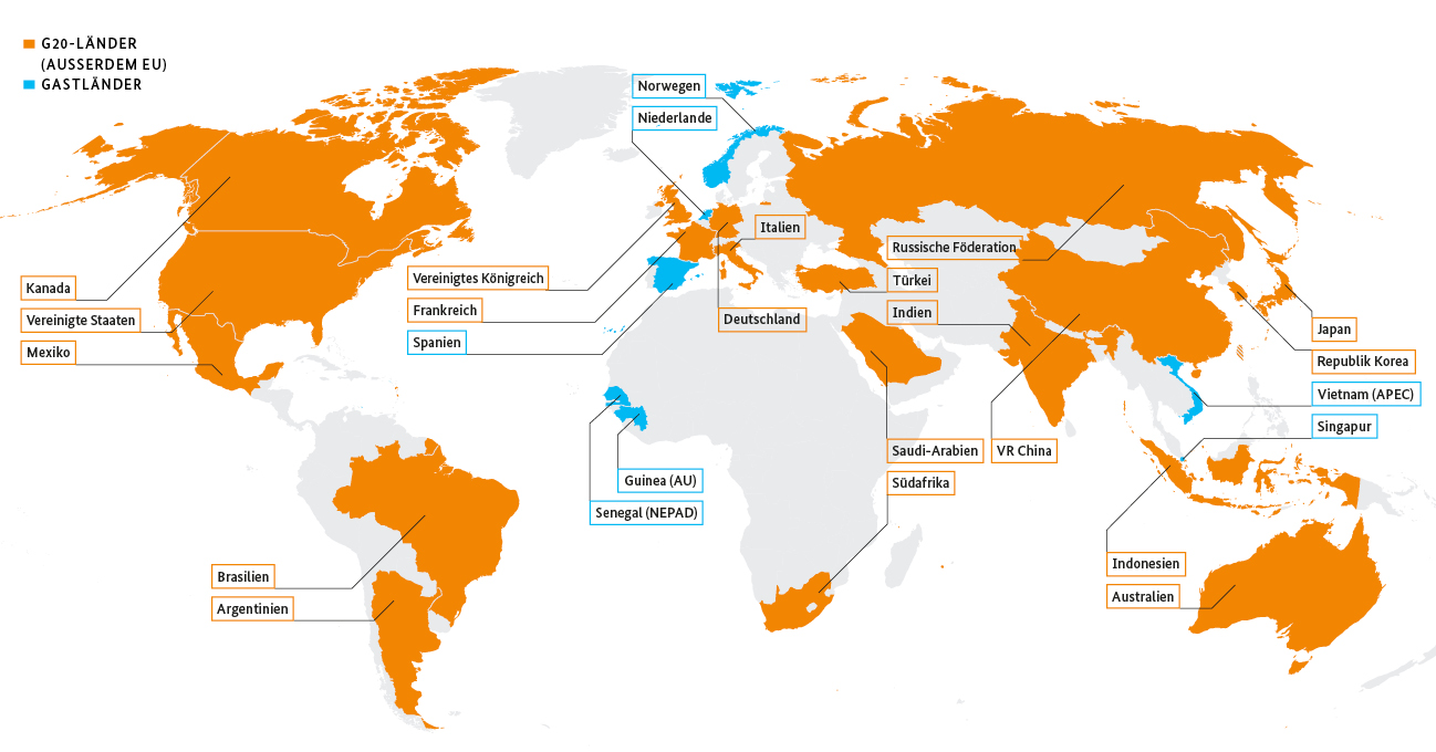 Weltkarte mit den farbig markierten Staaten der G20