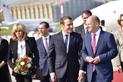 Olaf Scholz, First Mayor of Hamburg, welcomes French President Emmanuel Macron and his wife Brigitte at Hamburg Airport.