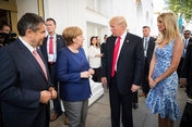 Federal Chancellor Angela Merkel welcomes Donald Trump, President of the United States of America, and his daughter Ivanka. Left: Federal Minister for Foreign Affairs Sigmar Gabriel.