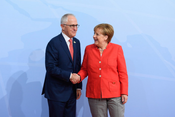 Federal Chancellor Angela Merkel welcomes the Prime Minister of Australia, Malcolm Turnbull, to the G20 Summit in Hamburg. 
