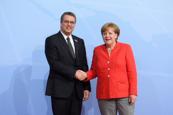 Federal Chancellor Angela Merkel welcomes Roberto Azevêdo, Director-General of the World Trade Organization (WTO) to the G20 Summit in Hamburg. 