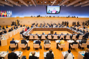 Chancellor Angela Merkel giving her opening speech at the start of the first working session of the G20 heads of state and government and their guests.