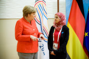 Federal Chancellor Angela Merkel meets with UNICEF Goodwill Ambassador Muzoon Almellehan for a conversation on the fringes of the G20 summit.
