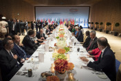 The G20 leaders and guests plus their accompanying partners arriving at the Elbphilharmonie for the banquet in the evening.