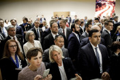 Journalists before the first working meeting focusing on global growth and trade. 