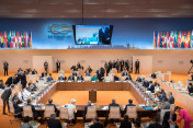 View of the conference room before the start of the third working meeting of the G20 summit on the Africa Partnership, migration and health.