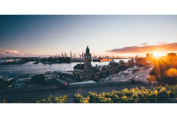 Panorama view of Hamburg's harbour promenade