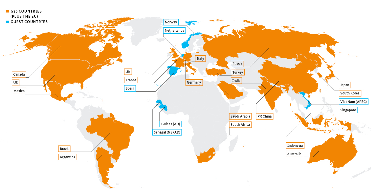 World map showing the member countries of the G20