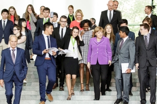 Chancellor Angela Merkel and young people at the Federal Chancellery